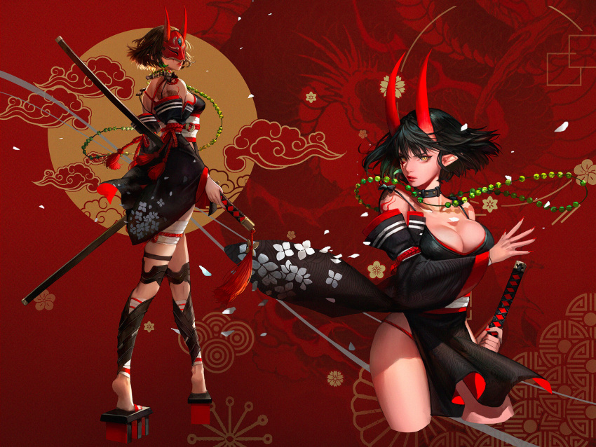 1girl bandage bandaged_leg bandages beads black_hair breasts cleavage collar commentary cropped_legs detached_sleeves facial_tattoo fighting_stance fingernails full_body geta green_earrings green_eyes highres japanese_clothes jewelry katana large_breasts lips long_fingernails majo mask multiple_views nail_polish obi oni oni_horns oni_mask original panties pointy_ears prayer_beads red_horns red_nails red_panties sash scabbard sheath sheathed shoulder_tattoo single_earring soles solo sword tattoo tengu-geta underwear weapon wide_sleeves yellow_eyes