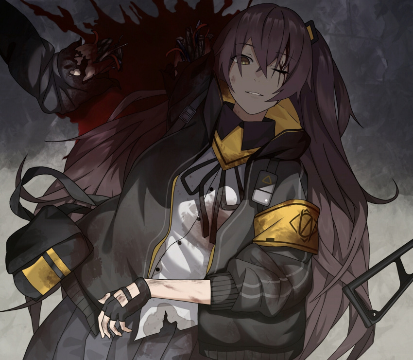 1girl armband bangs black_gloves black_jacket blood brown_eyes cero_(last2stage) commentary_request crossed_bangs damaged eyebrows_visible_through_hair fingerless_gloves girls_frontline gloves grey_hair gun guro h&amp;k_ump45 hair_between_eyes heckler_&amp;_koch highres hood hooded_jacket jacket looking_at_viewer mechanical_parts one_eye_closed one_side_up open_clothes open_jacket parted_lips parts_exposed scar scar_across_eye shirt skirt smile solo torn_clothes ump45_(girls_frontline) weapon white_shirt