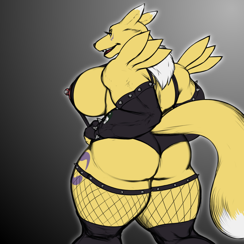 absurd_res anthro big_biceps big_breasts breasts butt clothing digimon digimon_(species) female fishnet hi_res huge_breasts makeup nipple_piercing nipples nolollygagging open_mouth piercing renamon rubber solo standing thick_thighs tight_clothing underwear