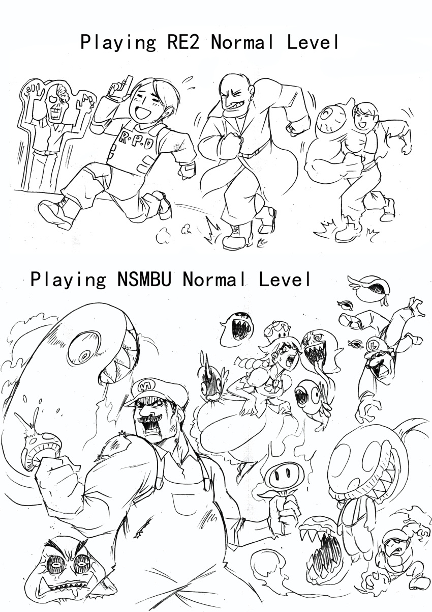 absurdres boo braid cheep_cheep crown dress english_text eyes_closed facial_hair fire_flower goomba hammer_bro hat highres leon_s_kennedy luigi mario mario_(series) monochrome mushroom mustache new_super_mario_bros._u_deluxe nintendo open_mouth peachette piranha_plant resident_evil resident_evil_2 ryuusei_(mark_ii) super_crown toad twin_braids