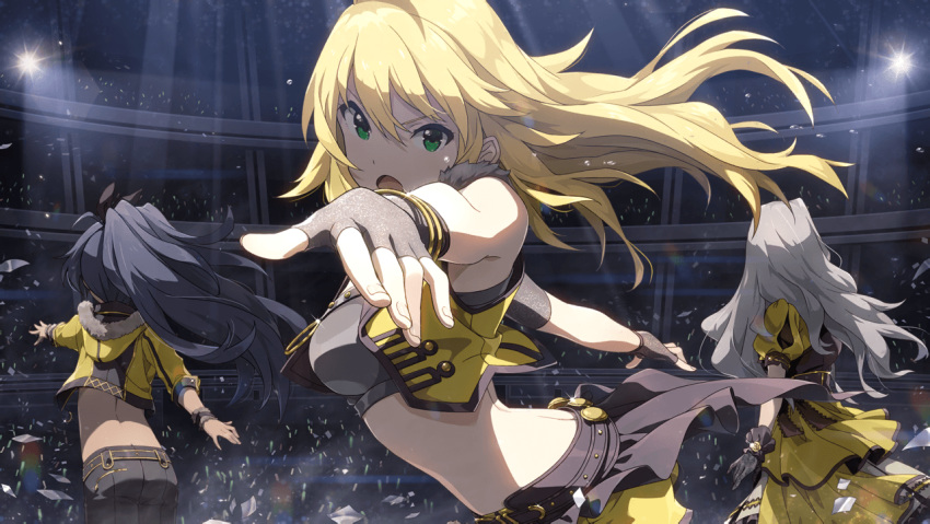 3girls armband back beyond_the_nobles beyond_the_vibes beyond_the_wishes black_hair black_pants black_ribbon blonde_hair buttons fingerless_gloves fingernails fur_trim game_cg ganaha_hibiki gloves glowstick hood hoodie hoshii_miki idolmaster idolmaster_million_live! idolmaster_million_live!_theater_days lace lace_gloves long_hair looking_at_viewer midriff multiple_girls official_art pants project_fairy ribbon shijou_takane silver_hair stage stage_lights sweat vest