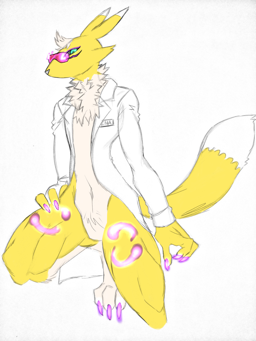 2019 absurd_res bangs blue_eyes canid canine cheek_fur chest_tuft claws concern digimon digimon_(species) doc_rena/doctor_renamon eyewear fan_character floof fluffy fox fur glasses harpseal hi_res kneeling lab_coat long_ears looking_at_viewer mammal multicolored_fur navel neck_fur neon_lights pubes purple_fur renamon seductive snout spiky_hair stare toe_claws tuft two_tone_fur wide_hips wrap_around_sunglasses yellow_fur