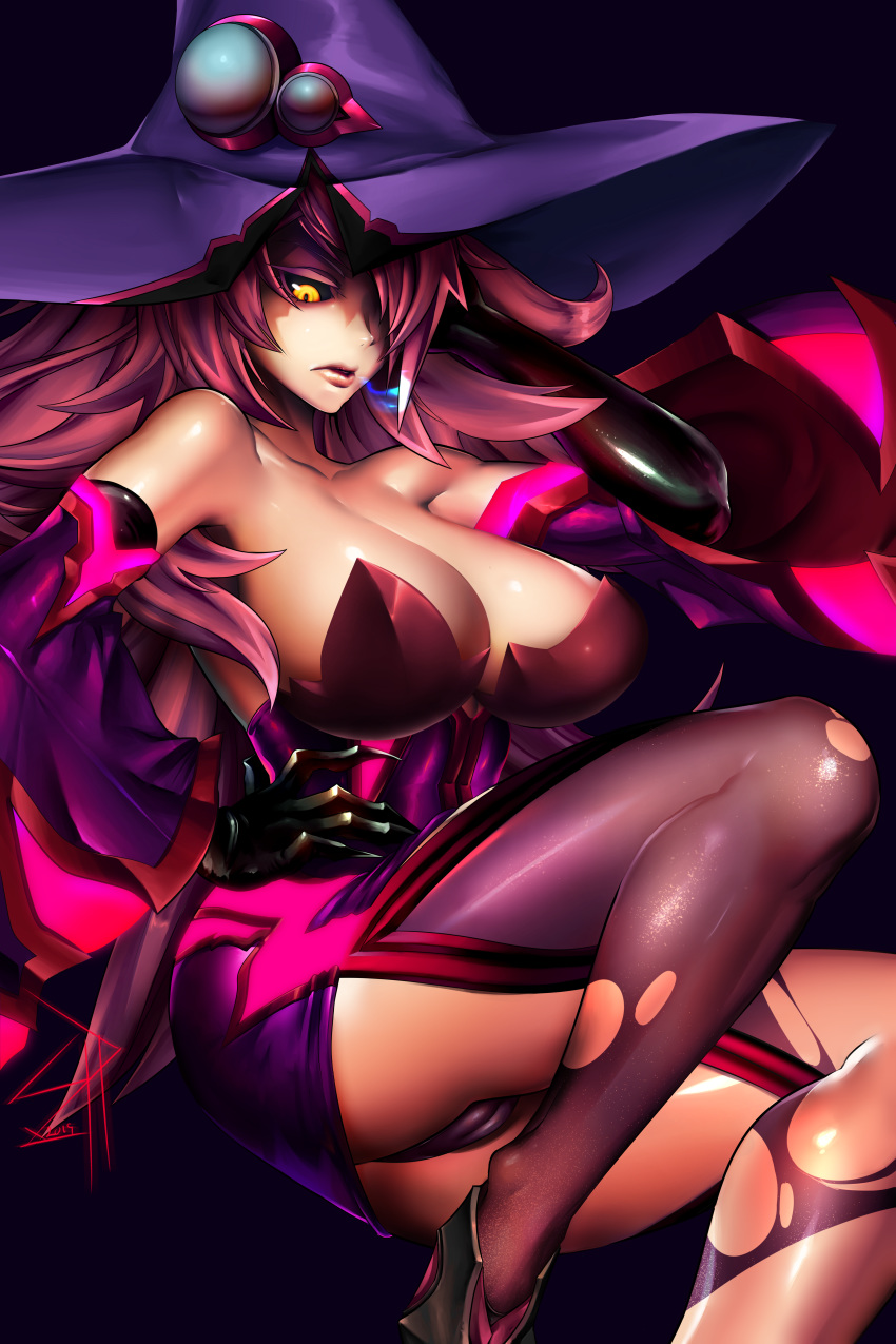 1girl absurdres arc_system_works bare_shoulders black_sclera blazblue breasts cleavage hat highres huge_filesize konoe_a_mercury large_breasts long_hair looking_at_viewer pink_hair shiny shiny_hair shiny_skin solo tagme thighhighs underwear very_long_hair witch_hat