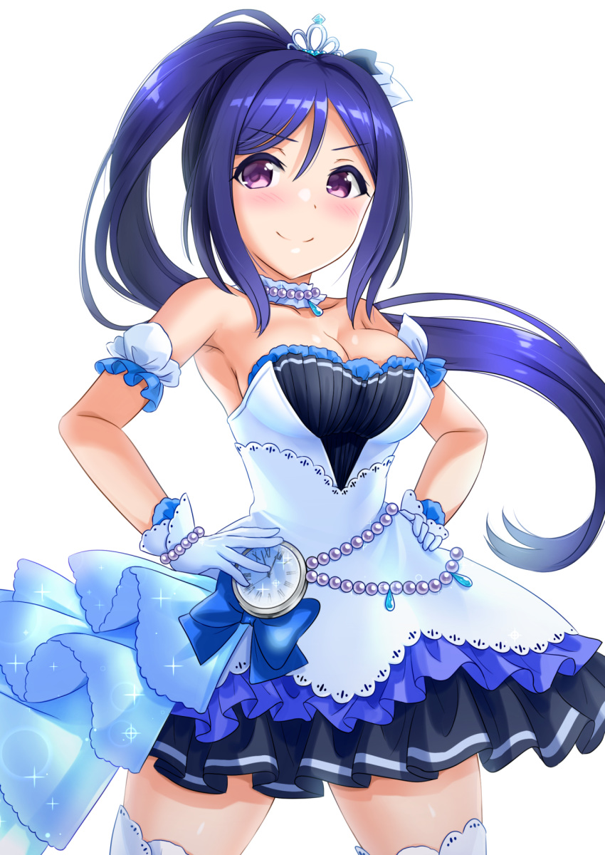1girl alternate_costume armpits bangs bead_bracelet beads big_breasts blue_bow blue_hair bow bracelet breasts choker cleavage clock cosplay crown detached_sleeves dress eyebrows_visible_through_hair frill_trim frilled_skirt frills gloves half_gloves hand_on_hip high_ponytail highres idolmaster idolmaster_cinderella_girls jewelry kibihimi long_hair looking_at_viewer love_live! love_live!_sunshine!! matsuura_kanan ponytail purple_eyes simple_background skirt solo starry_sky_bright thighhighs white_background