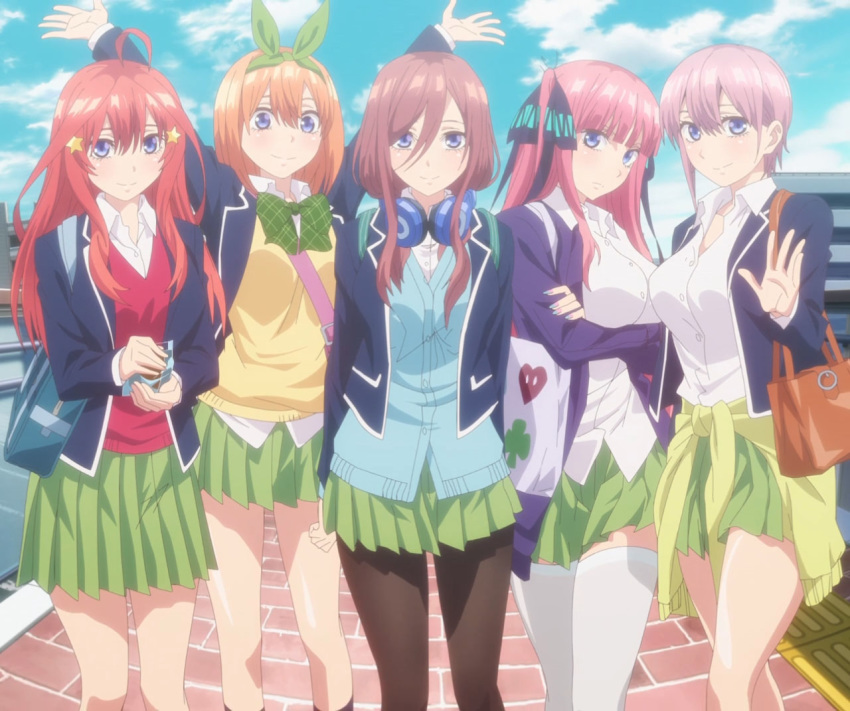 5girls go-toubun_no_hanayome multiple_girls nakano_ichika nakano_itsuki nakano_miku nakano_nino nakano_yotsuba quintuplets school_uniform screencap stitched thighhighs third-party_edit