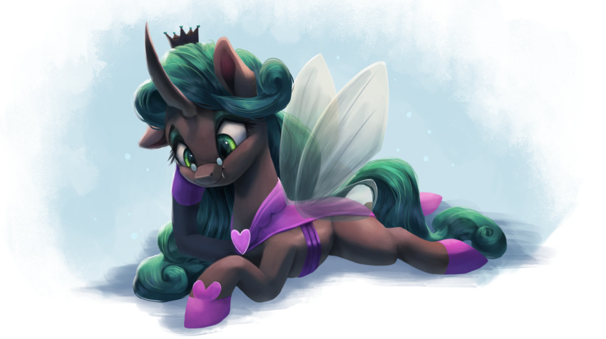 2019 changeling crown eyewear female glasses green_eyes green_hair hair hi_res insect_wings my_little_pony queen_chrysalis_(idw) slippers slit_pupils solo vanillaghosties wings