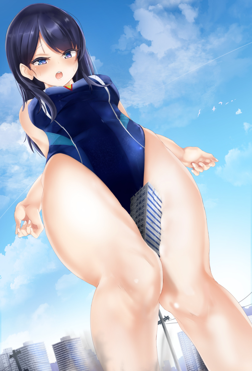 1girl absurdres alicemagic between_thighs black_hair blue_eyes blue_swimsuit blush breasts building city competition_swimsuit crushing destruction fingernails giantess highres knees_together_feet_apart long_hair looking_down medium_breasts one-piece_swimsuit open_mouth outdoors power_lines saliva sidelocks size_difference skindentation solo ssss.gridman standing swimsuit takarada_rikka thighs tongue underbust upper_body