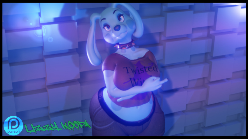 2019 3d_(artwork) 4_fingers anthro big_butt blue's_clues blue_(blue's_clues) blue_eyes blue_nose breasts butt canid canine canis clothed clothing collar digital_media_(artwork) domestic_dog female goth hi_res high-angle_view huge_butt looking_at_viewer looking_up mammal middle_finger navel nickelodeon omochalaroo shirt slightly_chubby solo spiked_collar spikes thick_thighs wide_hips