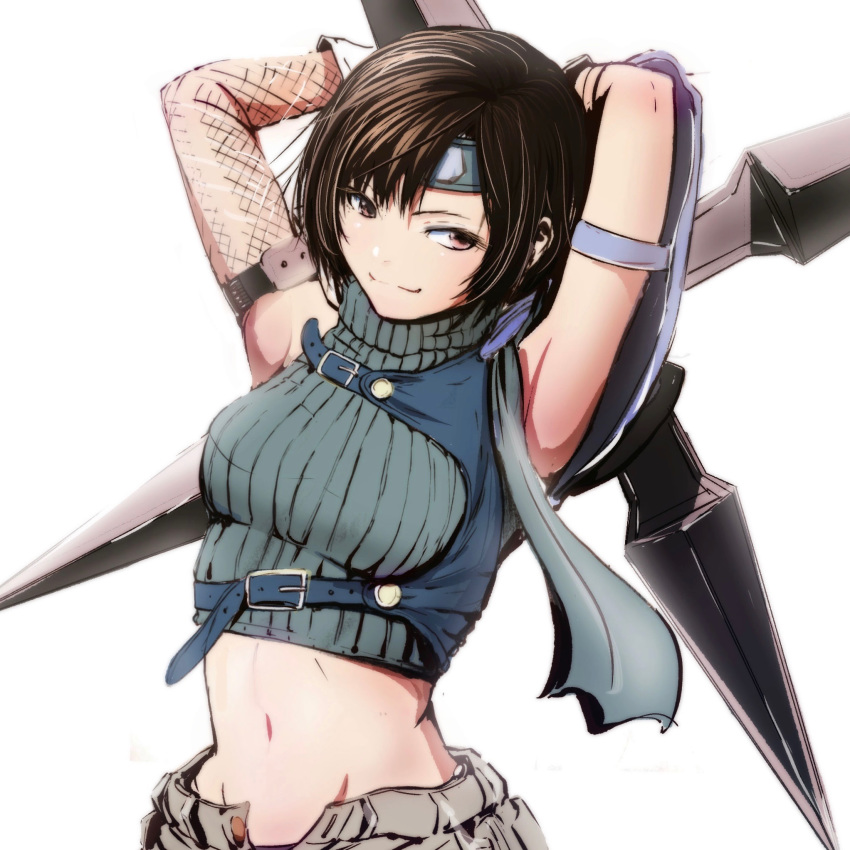 1girl :3 armor armpits arms_behind_head bangs brown_eyes brown_hair buckle commentary_request crop_top final_fantasy final_fantasy_vii fishnet_gloves fishnets gloves green_sweater headband highres holding holding_weapon huge_weapon looking_to_the_side midriff naughty_face navel open_fly ribbed_sweater shinji85 short_hair shuriken simple_background sleeveless sleeveless_turtleneck smile solo sweater tan_legwear turtleneck unzipped upper_body weapon white_background yuffie_kisaragi
