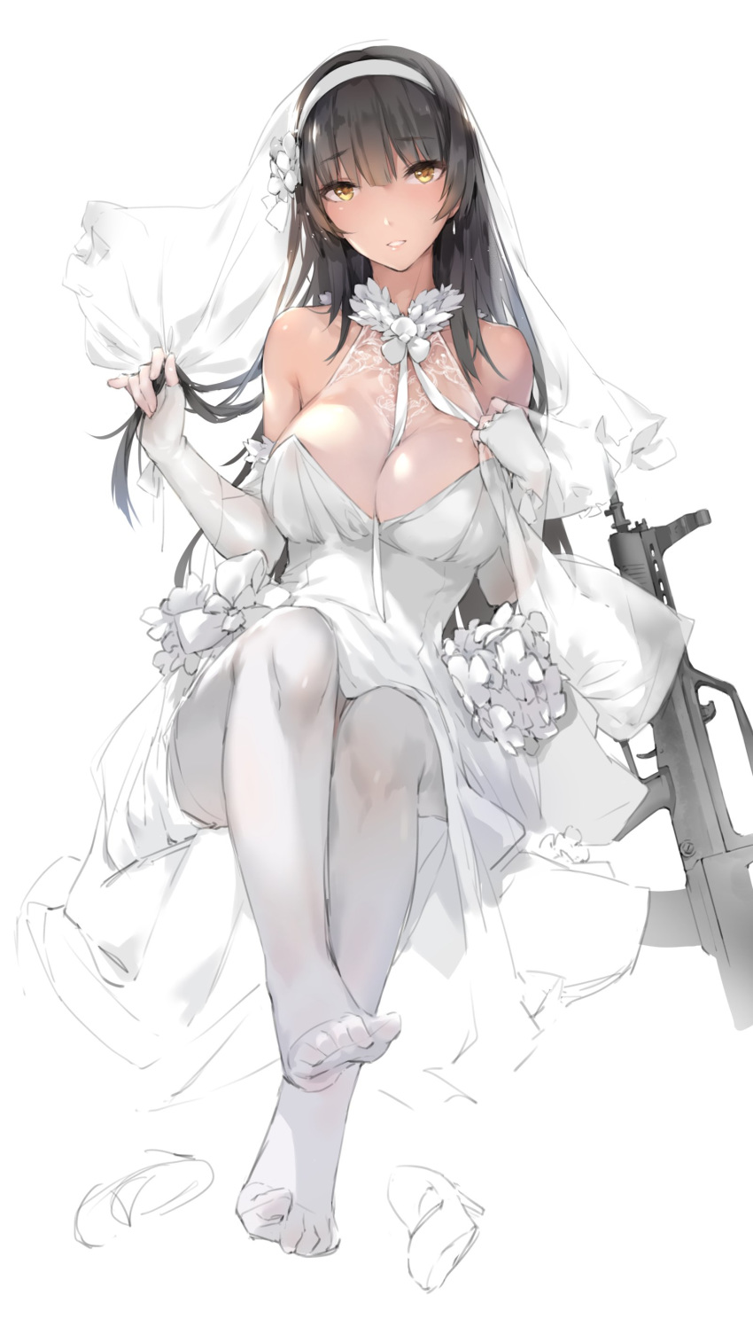 1girl absurdres assault_rifle bangs between_breasts black_hair blunt_bangs breasts bridal_veil bullpup cleavage dress elbow_gloves fingerless_gloves flower full_body girls_frontline gloves gun hair_flower hair_ornament hairband highres holding holding_hair jewelry large_breasts long_hair looking_at_viewer no_shoes pantyhose qbz-95 qbz-95_(girls_frontline) rifle ring simple_background sitting solo veil weapon wedding_band wedding_dress white_background white_dress white_gloves white_hairband white_legwear xie_yizhen yellow_eyes