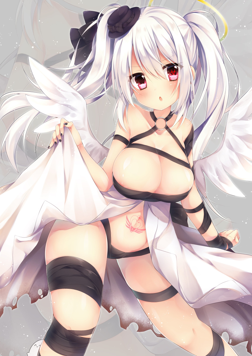 1girl absurdres angel_wings areola_slip areolae bandage bandages bangs biohazard_symbol black_bow black_headwear black_panties blush bow breasts chestnut_mouth cleavage criss-cross_halter feathered_wings hair_bow halterneck hat hat_bow highres kinosaki_yuuta large_breasts lifted_by_self looking_at_viewer mini_hat mini_top_hat nail_polish naked_bandage open_clothes open_skirt original panties red_eyes skirt skirt_lift solo standing stomach_tattoo tattoo top_hat twintails underwear white_hair wings