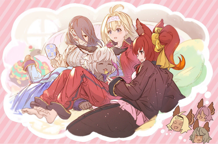 3girls 4girls :d ahoge animal_ears anthuria barefoot black_hair blonde_hair blue_eyes blush_stickers brown_eyes candy chloe_(granblue_fantasy) commentary commentary_request couch cup dark_skin elsam_(granblue_fantasy) erune eyes_closed feet food granblue_fantasy hairband indoors jacket jeanne_d'arc_(granblue_fantasy) lollipop long_hair lowain_(granblue_fantasy) mask multicolored_hair multiple_girls official_art open_mouth ponytail purple_hair red_eyes red_hair rosamia_(granblue_fantasy) short_hair smile sweater thought_bubble toes tomoi_(granblue_fantasy) track_jacket track_suit two-tone_hair white_hair