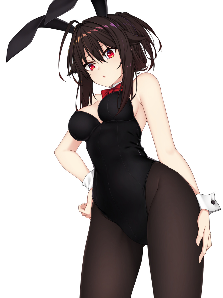 1girl absurdres animal_ears black_hair black_legwear bow bowtie breasts bunny_ears bunny_girl bunnysuit hair_between_eyes hand_on_hip healther highres looking_at_viewer original pantyhose ponytail red_eyes simple_background white_background wrist_cuffs