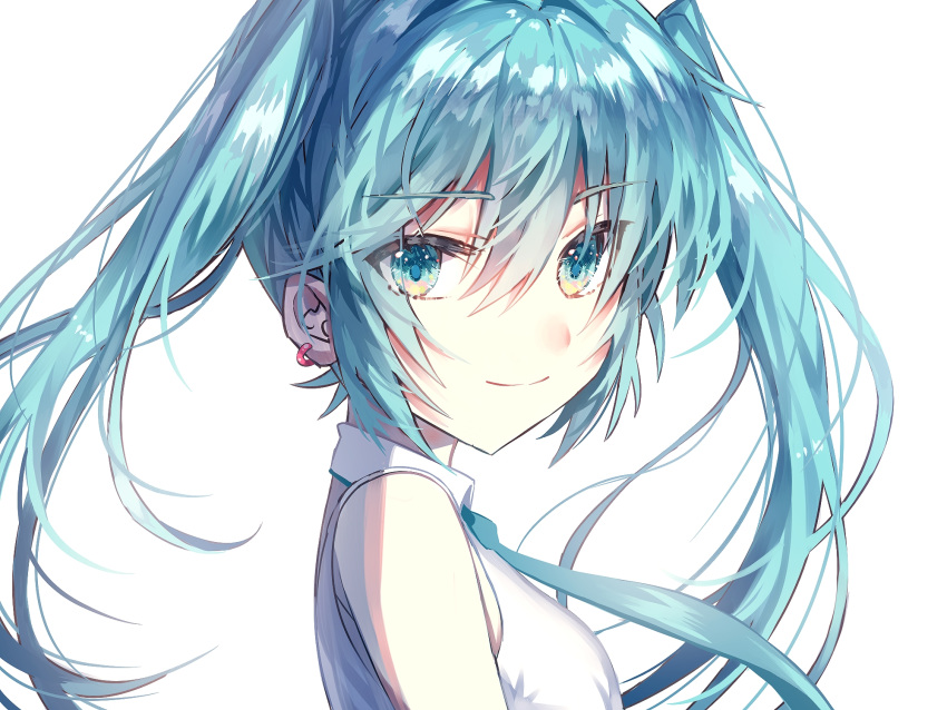 1girl arms_at_sides bangs bare_shoulders blue_eyes blue_hair blue_neckwear close-up deep_(deep4946) ear_piercing earrings eyebrows_visible_through_hair floating_hair hair_between_eyes hatsune_miku highres jewelry long_hair looking_at_viewer necktie piercing pink_earrings shirt short_bangs simple_background sleeveless sleeveless_shirt smile solo twintails upper_body vocaloid white_background white_shirt