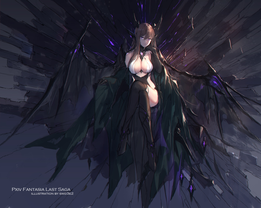 1girl artist_name bangs bare_shoulders breasts brown_hair cleavage commentary_request copyright_name dragon_wings hair_between_eyes highres horns large_breasts legs_crossed long_hair long_sleeves looking_at_viewer pixiv_fantasia pixiv_fantasia_last_saga purple_eyes revealing_clothes sitting smile solo swd3e2 wide_shot wide_sleeves wings