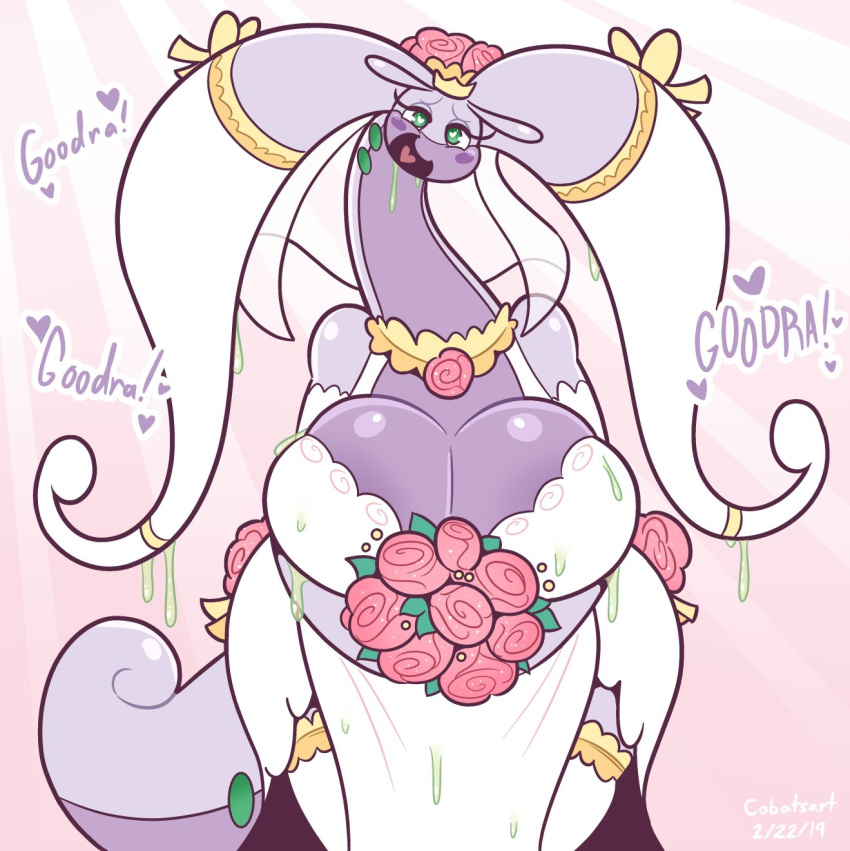! &lt;3 &lt;3_eyes 2019 antennae anthro areola big_breasts blush bouquet breasts cleavage clothed clothing cobat dragon dress female flower goober_(cobat) goodra gooey green_eyes hi_res holding_object huge_breasts human mammal nintendo open_mouth plant pok&eacute;mon pok&eacute;mon_(species) simple_background slime smile solo thick_thighs video_games voluptuous wedding_dress wide_hips