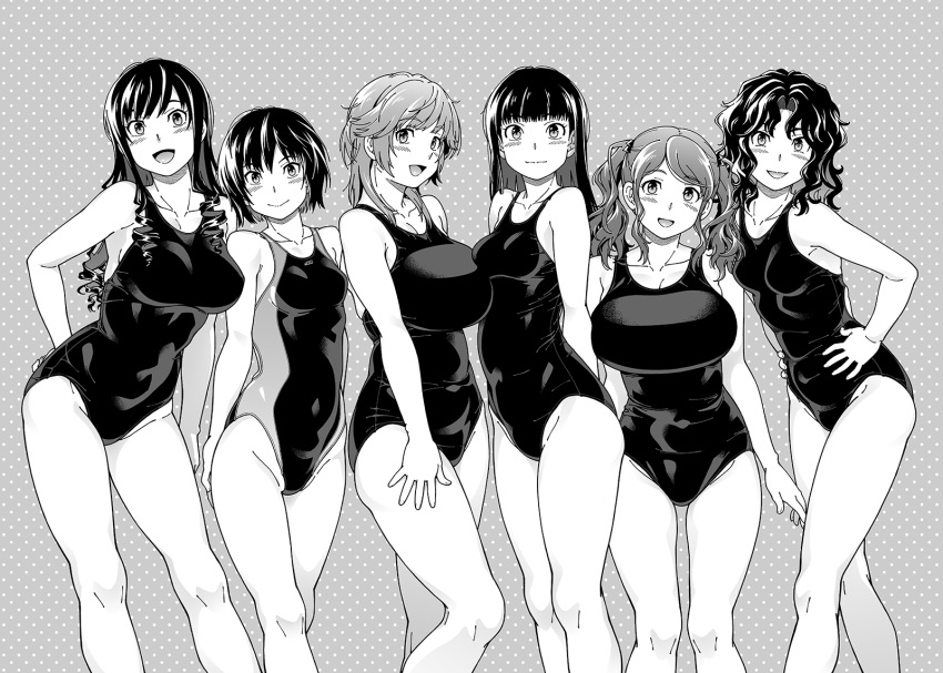 6+girls :d amagami arms_behind_back ayatsuji_tsukasa blush breasts curly_hair drill_hair eyebrows_visible_through_hair fukudahda greyscale groin hand_on_hip hands_on_hips highres large_breasts long_hair looking_at_viewer monochrome morishima_haruka multiple_girls nakata_sae nanasaki_ai one-piece_swimsuit open_mouth sakurai_rihoko school_swimsuit short_hair small_breasts smile swimsuit tanamachi_kaoru twintails