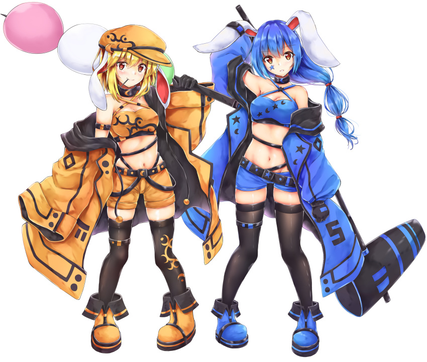 2girls absurdres akiteru98 alternate_costume alternate_hairstyle animal_ears arm_up armband bandeau bangs bare_shoulders belt black_belt black_collar black_gloves black_legwear blonde_hair blue_coat blue_footwear blue_hair blue_shorts boots breasts bunny_ears cleavage coat collar commentary_request crescent_print criss-cross_halter dango eyebrows_visible_through_hair facial_mark flat_cap food full_body gloves hair_between_eyes halterneck hand_up hat highres holding holding_food holding_mallet kine long_hair long_sleeves looking_at_viewer low-tied_long_hair medium_breasts midriff mouth_hold multiple_girls navel off_shoulder open_clothes open_coat orange_coat orange_footwear orange_headwear orange_shorts parted_lips red_eyes ringo_(touhou) seiran_(touhou) short_hair short_shorts shorts sidelocks simple_background skindentation smile standing star star_print stomach thigh_strap thighhighs thighs touhou wagashi white_background wide_sleeves