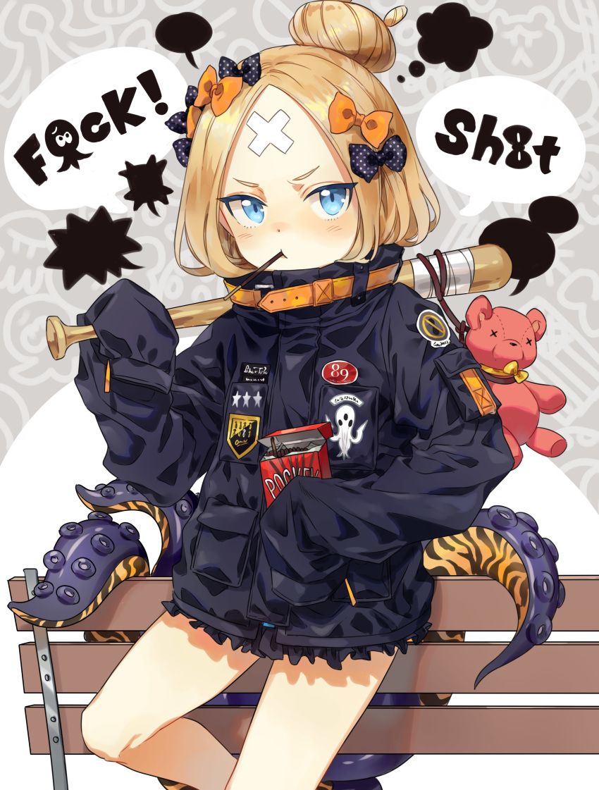 ! 1girl abigail_williams_(fate/grand_order) absurdres alternate_costume bandage bangs baseball_bat black_bow blonde_hair blue_eyes blush bow commentary_request english_text fate/grand_order fate_(series) food hair_bow highres holding holding_baseball_bat in_mouth jacket long_hair long_sleeves looking_at_viewer o0baijin0o orange_bow parted_bangs pocky polka_dot polka_dot_bow sleeves_past_fingers sleeves_past_wrists solo speech_bubble stuffed_animal stuffed_toy teddy_bear tentacle very_long_hair yellow_bow