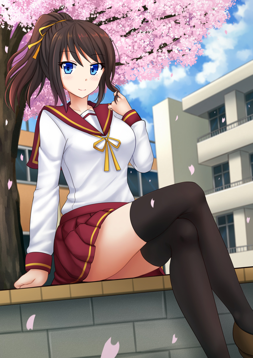 1girl black_legwear blue_eyes blue_sky blurry blush breasts brown_footwear brown_hair building cherry_blossoms closed_mouth cloud cloudy_sky collarbone commentary commission day depth_of_field hair_ribbon hand_up highres kazenokaze large_breasts legs_crossed long_hair long_sleeves looking_at_viewer miniskirt original outdoors petals pleated_skirt ponytail red_sailor_collar red_skirt ribbon sailor_collar school_uniform shirt shoes sitting skirt sky smile solo thighhighs tree white_shirt yellow_ribbon zettai_ryouiki