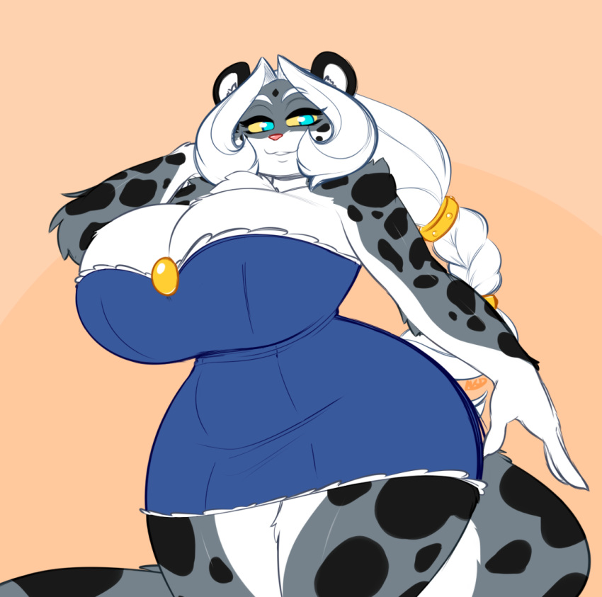 averyshadydolphin big_breasts blue_eyes braided_hair breasts cat_tail chalo cleavage clothed clothing dress felid female frill fur grey_fur hair hair_ornament huge_breasts mammal pantherine snow_leopard spots thick_thighs tila_sunrise white_fur white_hair wide_hips yellow_sclera