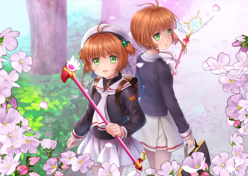 1girl antenna_hair bangs brown_hair card_captor_sakura cherry_blossoms eyebrows_visible_through_hair from_behind fuuin_no_tsue green_eyes hair_bobbles hair_ornament hat highres holding holding_wand kinomoto_sakura looking_at_viewer looking_back mutsuki_(moonknives) outdoors petals pleated_skirt sailor_collar school_uniform serafuku short_hair skirt solo standing time_paradox tomoeda_elementary_school_uniform tree two_side_up wand yume_no_tsue