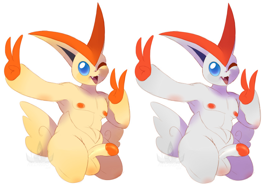 anthro balls blue_eyes blush candychameleon digital_media_(artwork) erection hi_res humanoid_penis legendary_pok&eacute;mon looking_at_viewer male mammal nintendo nipples nude open_mouth penis pok&eacute;mon pok&eacute;mon_(species) shiny_pok&eacute;mon simple_background smile solo victini video_games