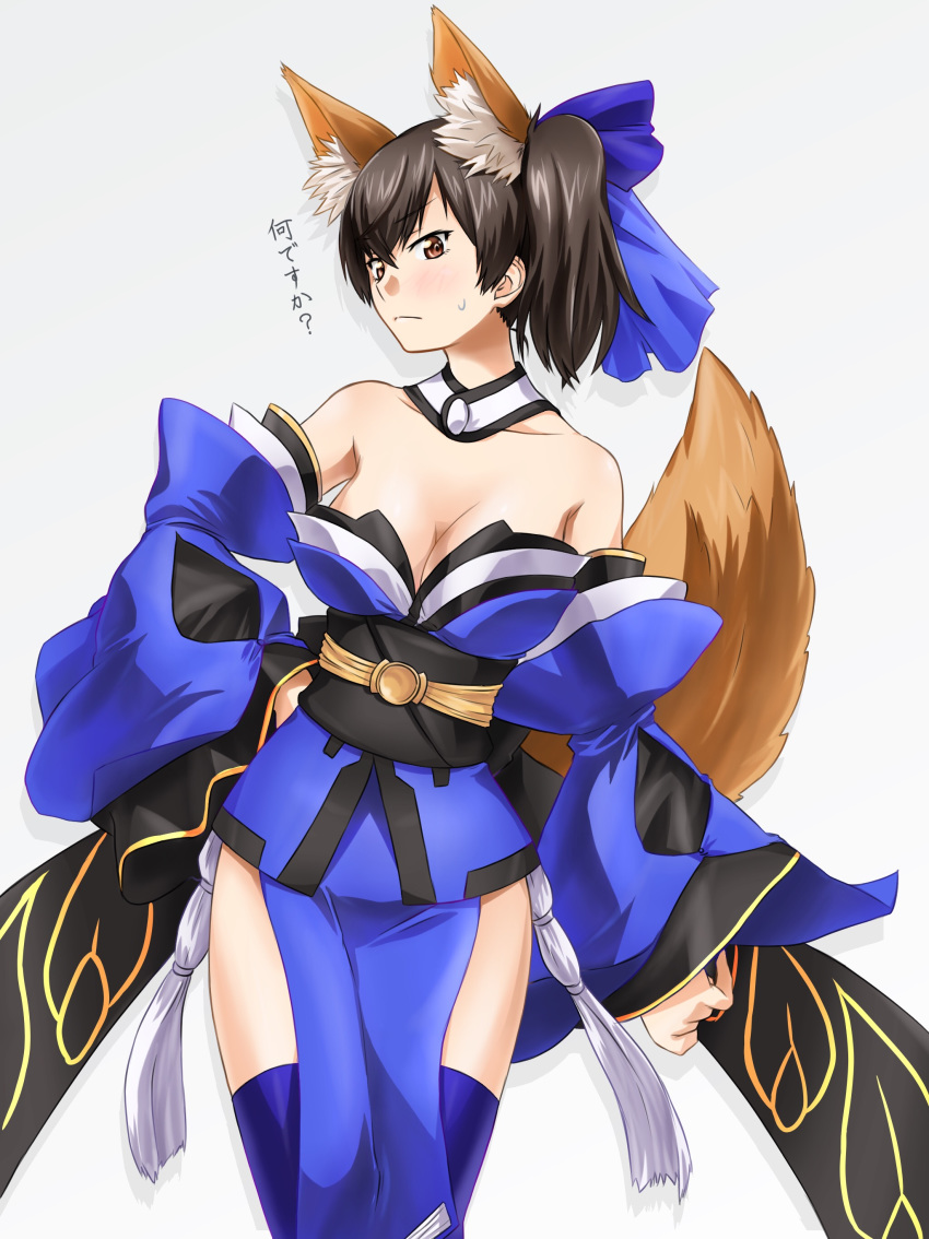 1girl absurdres akito_(sub707) animal_ears bare_shoulders black_hair blue_bow blue_detached_sleeves blue_kimono blue_legwear blush bow breasts brown_eyes closed_mouth collarbone cosplay cowboy_shot detached_collar detached_sleeves eyebrows_visible_through_hair fake_animal_ears fake_tail fate/extra fate_(series) female fox_ears fox_tail grey_background hair_between_eyes hair_bow highres japanese_clothes kaga_(kantai_collection) kantai_collection kimono large_breasts medium_breasts neck obi pelvic_curtain sash serious short_hair short_kimono shy side_ponytail simple_background solo standing strapless tail tamamo_(fate)_(all) tamamo_no_mae_(fate) tamamo_no_mae_(fate)_(cosplay) thighhighs translation_request type-moon wide_sleeves