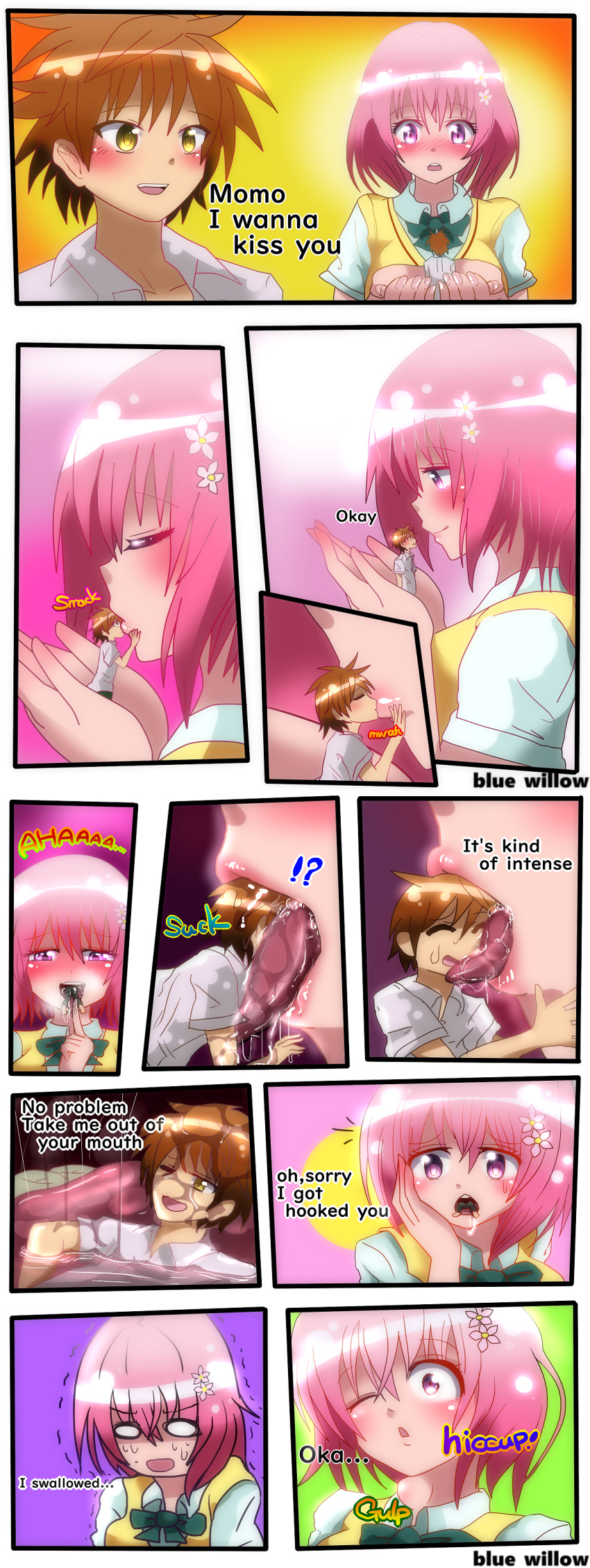 !? 1boy 1girl absurdres accident accidental_vore artist_name blue_willow blush brown_hair comic english_text flower giantess hair_flower hair_ornament hetero hiccup highres inside_creature kiss long_image medium_hair momo_velia_deviluke no_pupils o_o one_eye_closed oops open_mouth parted_lips pink_hair purple_eyes saliva saliva_trail school_uniform short_hair size_difference smile swallowing sweat sweatdrop tall_image text_focus throat_bulge to_love-ru tongue tongue_out upper_body vore yellow_eyes yuuki_rito