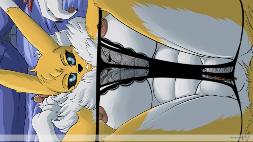 2019 anthro black_sclera blue_eyes breasts clothed clothing digimon digimon_(species) female fur genital_focus lingerie looking_at_viewer nipples panties panties_down pinup pose pussy renamon sheer_clothing skimpy solo translucent transparent_clothing underwear white_fur yawg yellow_fur