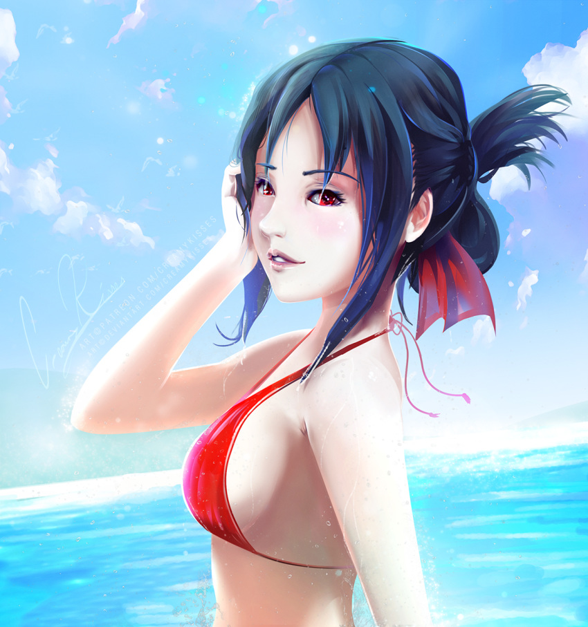 bathing_suit beach black_hair dark_hair highres kaguya-sama kaguya_shinomiya pinup red_eyes shinomiya_kaguya