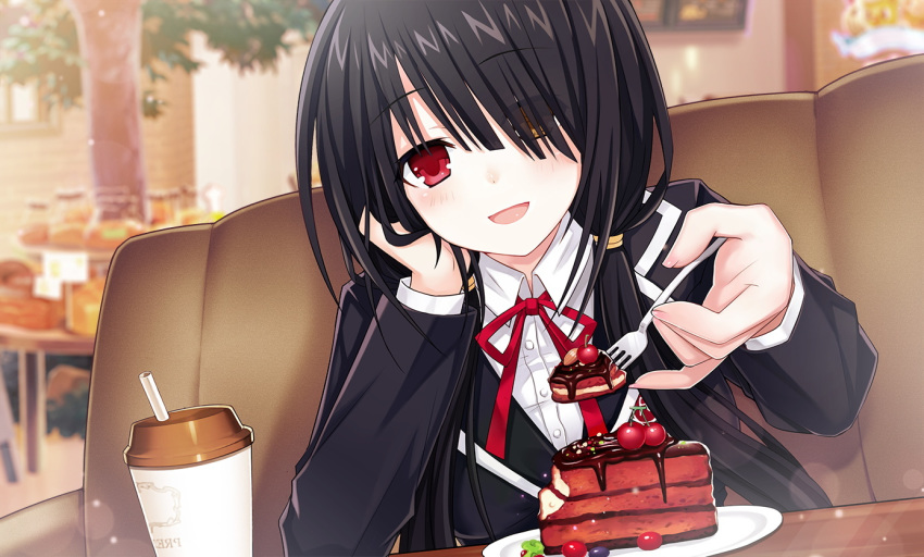 1girl black_hair black_jacket blurry blurry_background cake cherry chocolate_syrup clock_eyes coffee_cup collared_shirt cup date_a_live disposable_cup eyebrows_visible_through_hair feeding food fork fruit hair_over_one_eye heterochromia holding holding_fork jacket long_hair low_twintails open_mouth plate pov pov_feeding red_eyes red_ribbon ribbon shirt sitting smile solo symbol-shaped_pupils tokisaki_kurumi tsunako twintails upper_body vignetting yellow_eyes