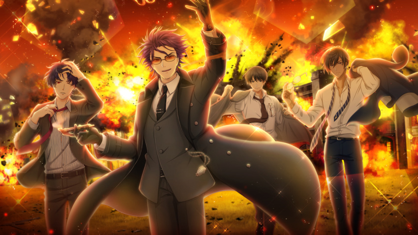 &gt;:) 4boys ali_pasha_(senjuushi) alternate_costume alternate_hairstyle arm_up bangs black_gloves black_hair black_neckwear brown_neckwear coat collared_shirt dark_skin dark_skinned_male dress_shirt explosion eyewear_removed fire formal game_cg glasses gloves grey_eyes hand_in_hair highres holding ieyasu_(senjuushi) kiseru kiseru_(senjuushi) long_sleeves loose_necktie male_focus multiple_boys necktie non-web_source official_art one_eye_closed outdoors partially_unbuttoned partially_undressed pipe purple_hair rapp_(senjuushi) red_eyes red_neckwear removing_eyewear removing_jacket ribbon_bangs senjuushi:_the_thousand_noble_musketeers shirt short_hair smirk spiked_hair standing striped striped_neckwear striped_shirt sunglasses undone_necktie undressing walking white_shirt wind wind_lift