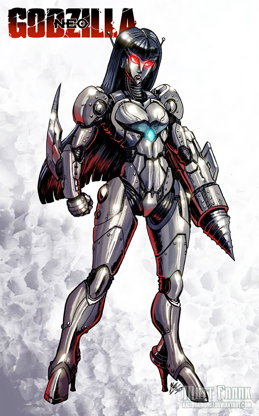 1girl abs breasts curvy drill giant_robot glowing glowing_eyes godzilla_(series) high_heels highres kaiju_samurai kaijuu knife long_hair looking_at_viewer mecha medium_breasts monster_girl muscle muscular_female nude red_eyes robot robot_daughter robot_girl simple_background toho_(film_company) unmade_project weapon what