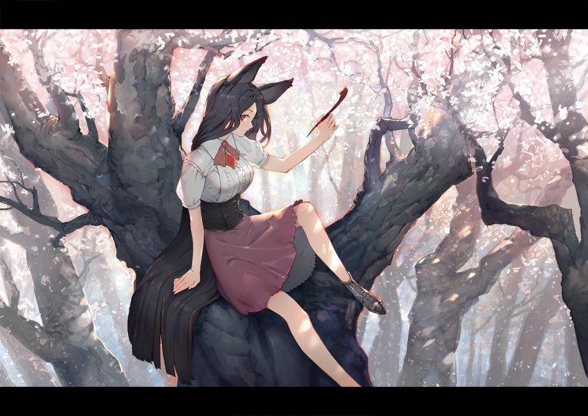 1girl alternate_costume animal_ears arm_support black_hair bow bowtie brooch brown_bow brown_footwear brown_neckwear cherry_blossoms commentary_request corset feet_out_of_frame forest hand_up holding holding_pipe imaizumi_kagerou jewelry letterboxed long_hair looking_at_viewer nature onion_(onion_and_pi-natto) outdoors petals pipe profile red_eyes red_skirt shirt shoes sitting skirt solo touhou tree very_long_hair white_shirt wolf_ears