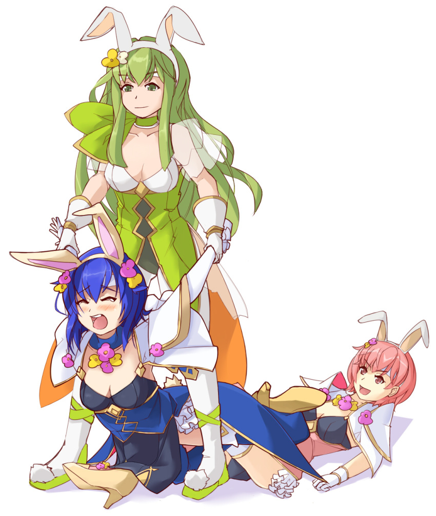 3girls animal_ears blue_eyes blue_hair blush bow bowtie breasts bunny_ears bunny_girl bunny_tail bunnysuit detached_collar dress elbow_gloves est fake_animal_ears fingerless_gloves fire_emblem fire_emblem:_monshou_no_nazo fire_emblem_heroes fishnet_pantyhose fishnets gloves green_eyes green_hair headband highres jaegan jewelry katua leotard long_hair multiple_girls nintendo open_mouth pantyhose paola pegasus_knight pink_hair red_eyes short_hair siblings simple_background sisters smile strapless tail thighhighs white_background wrestling wrist_cuffs