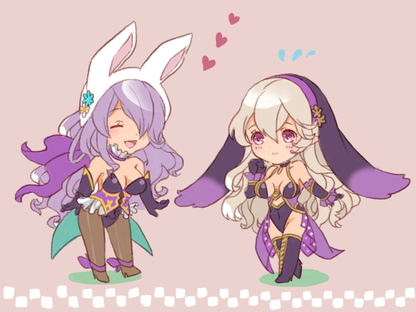 2girls animal_ears breasts bunny_ears bunny_tail camilla_(fire_emblem_if) chibi cleavage female_my_unit_(fire_emblem_if) fire_emblem fire_emblem_heroes fire_emblem_if gloves hair_between_eyes hair_ornament hair_over_one_eye hairband highres jewelry large_breasts lips long_hair mamkute multiple_girls my_unit_(fire_emblem_if) nintendo open_mouth pointy_ears purple_eyes purple_hair red_eyes renkonmatsuri silver_hair smile tail thighs very_long_hair wavy_hair white_hair