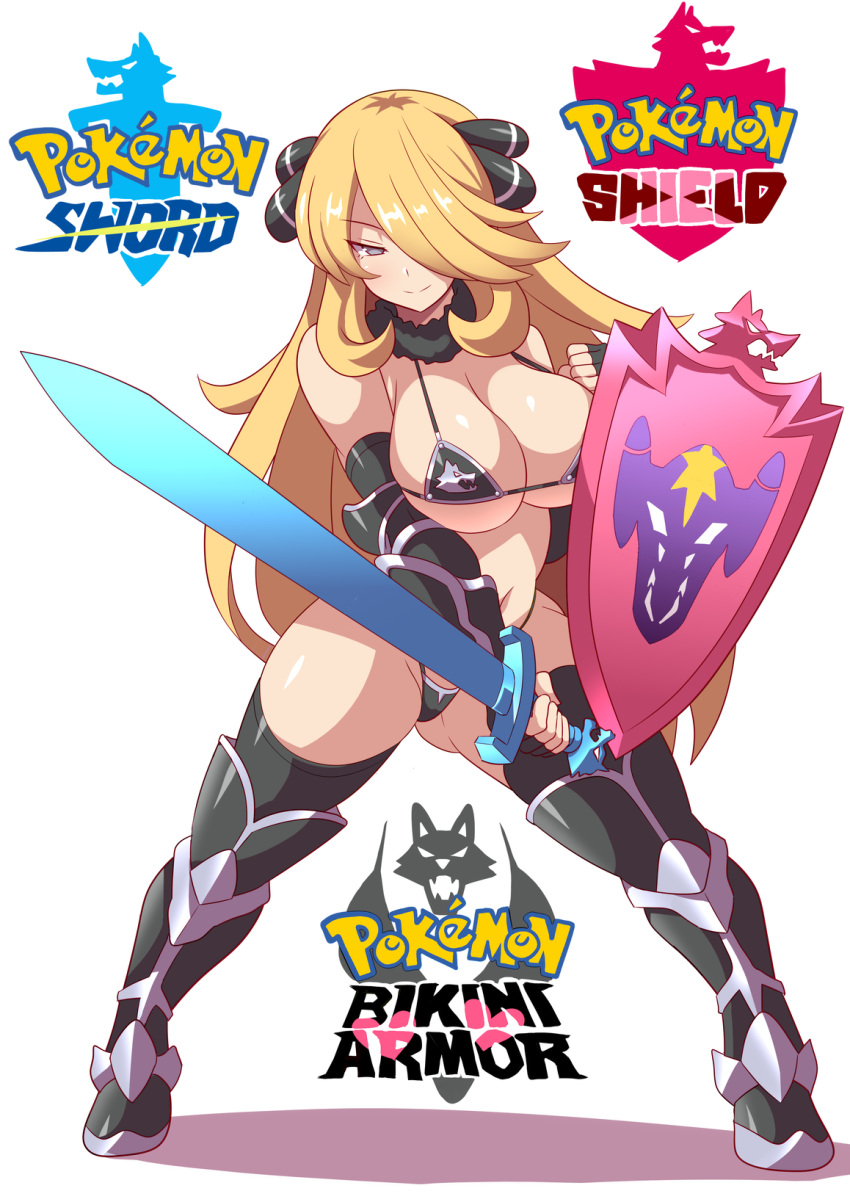 1girl armor bare_shoulders bikini_armor black_hair black_legwear blonde_hair blue_eyes breasts cleavage creatures_(company) elbow_gloves flower game_freak gauntlets gloves gluteal_fold greaves hair_over_one_eye highres holding konno_tohiro long_hair looking_at_viewer navel nintendo pokemon pokemon_(game) pokemon_dppt pokemon_swsh shield shirona_(pokemon) simple_background smile solo thighhighs white_background