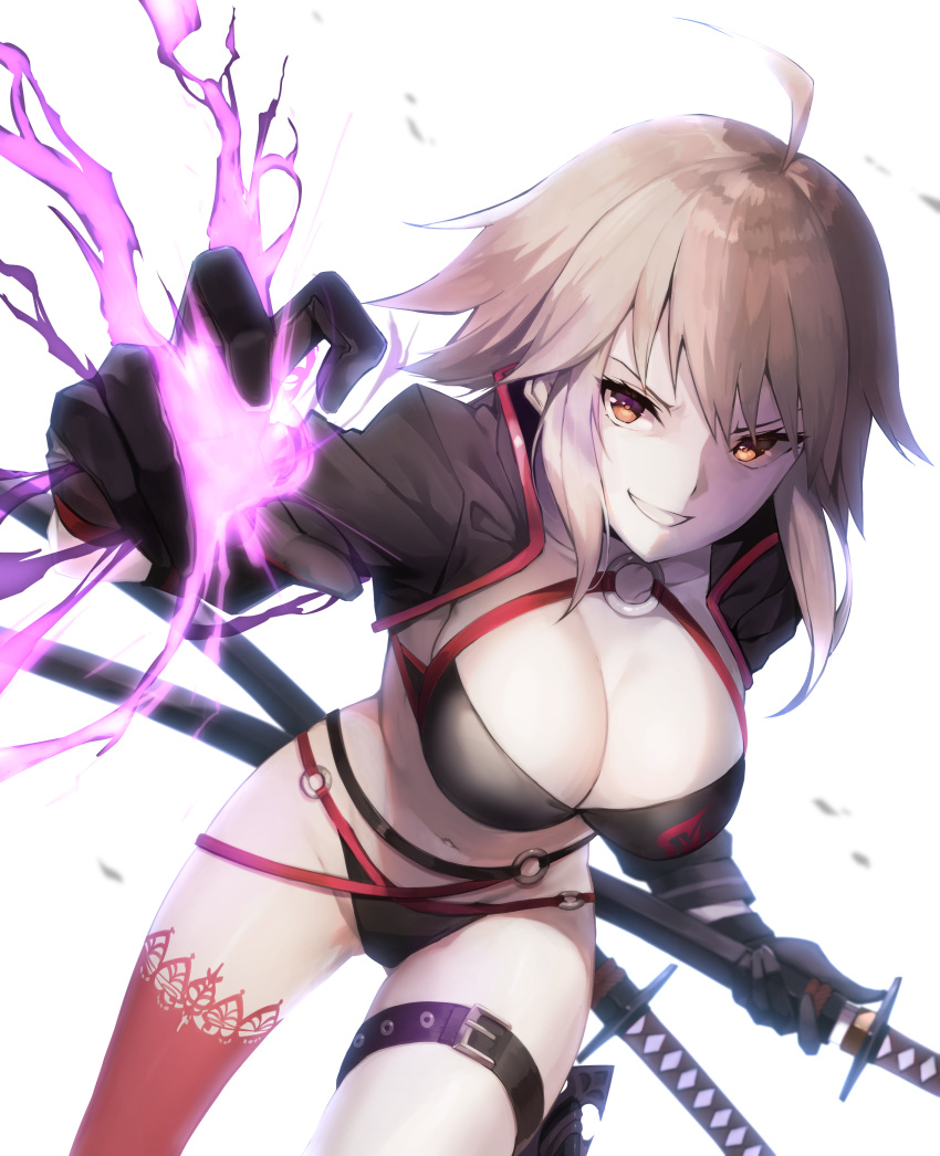 1girl absurdres asymmetrical_legwear bangs belt belt_buckle bikini black_belt black_bikini black_gloves black_jacket breasts brown_eyes buckle cleavage commentary_request eyebrows_visible_through_hair fate/grand_order fate_(series) ginopi gloves hair_bobbles hair_ornament highres jacket jeanne_d'arc_(alter_swimsuit_berserker) jeanne_d'arc_(fate)_(all) katana leg_belt light_brown_hair long_sleeves looking_at_viewer medium_breasts navel o-ring o-ring_bikini o-ring_bottom o-ring_top parted_lips red_legwear revision sheath sheathed shrug_(clothing) single_thighhigh smile solo swimsuit sword thighhighs weapon white_background