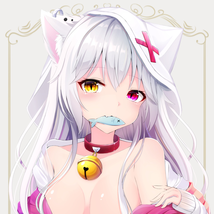 1girl animal animal_ear_fluff animal_ears animal_hood bangs bare_shoulders bell bell_collar blush breasts cat_ears cat_hood collar collarbone commentary_request ear_piercing eyebrows_visible_through_hair fish food_in_mouth hair_between_eyes hair_ornament hand_up head_tilt heterochromia highres hood hood_up jingle_bell long_hair long_sleeves looking_at_viewer medium_breasts nya_rl off_shoulder open_clothes open_shirt original out-of-frame_censoring piercing purple_eyes red_collar shirt silver_hair sleeves_past_wrists slit_pupils solo upper_body white_shirt x_hair_ornament x_x yellow_eyes