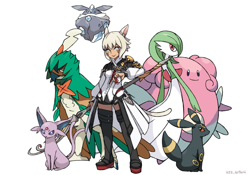 1girl absurdres animal_ear_fluff animal_ears arm_at_side black_eyes blissey blonde_hair blue_eyes boots bright_pupils carbink closed_mouth coat creatures_(company) crossover decidueye espeon facial_mark final_fantasy final_fantasy_xiv floating full_body game_freak gardevoir gen_2_pokemon gen_3_pokemon gen_6_pokemon gen_7_pokemon haimerejzero hand_up highres holding holding_poke_ball holding_staff holding_wand lips long_sleeves looking_at_viewer miqo'te nintendo overcoat platinum_blonde_hair poke_ball poke_ball_(generic) pokemon pokemon_(creature) purple_sclera red_eyes red_sclera short_hair shorts sideways_glance silver_eyes simple_background slit_pupils smile staff standing tail thigh_boots thighhighs umbreon wand watermark white_background white_pupils y'shtola_rhul