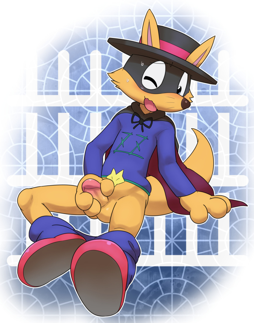 3_fingers anthro balls blush boots canid canine cape clothed clothing erection footwear fox hat hi_res kaiketsu_zorori male mammal masturbation ofuro one_eye_closed open_mouth pants pants_down partially_clothed penile_masturbation penis shirt sitting solo sweat whiskers zorori