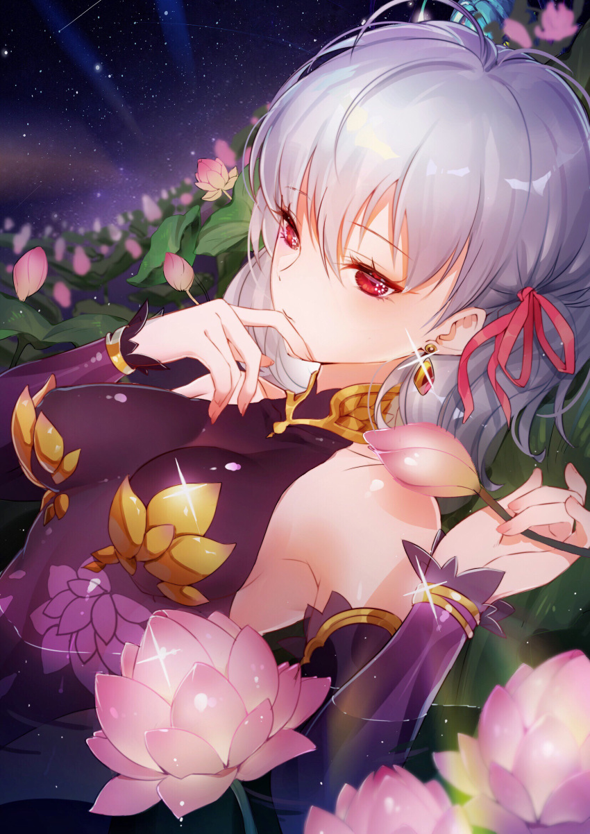 1girl bangs bare_shoulders breasts commentary_request detached_sleeves dress earrings fate/grand_order fate_(series) field flower flower_field hair_between_eyes hair_ribbon halterneck highres jewelry kama_(fate/grand_order) lying medium_breasts night night_sky on_back purple_dress red_eyes ribbon sai_ichirou short_hair silver_hair sky solo sparkle star_(sky) starry_sky