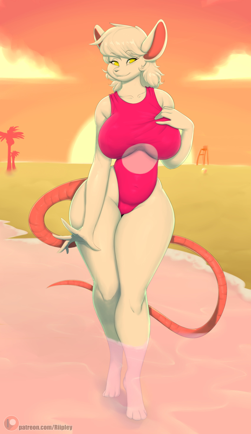 absurd_res anthro beach clothed clothing curvaceous female hair hi_res mammal mouse outside riipley rodent seaside smile solo swimsuit walking wide_hips