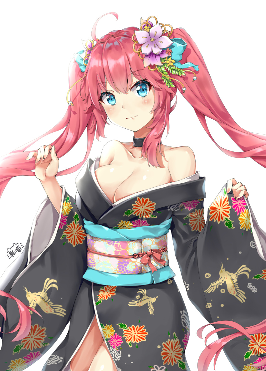 1girl absurdres ahoge bangs black_choker black_kimono blue_bow blue_eyes blush bow breasts choker cleavage closed_mouth collarbone commentary_request eyebrows_visible_through_hair floral_print flower hair_between_eyes hair_bow hair_flower hair_ornament head_tilt highres japanese_clothes kimono large_breasts long_hair long_sleeves obi off_shoulder pink_hair print_kimono purple_flower sash signature simple_background smile solo suspenders taihou_(warship_girls_r) twintails warship_girls_r white_background wide_sleeves zhudacaimiao