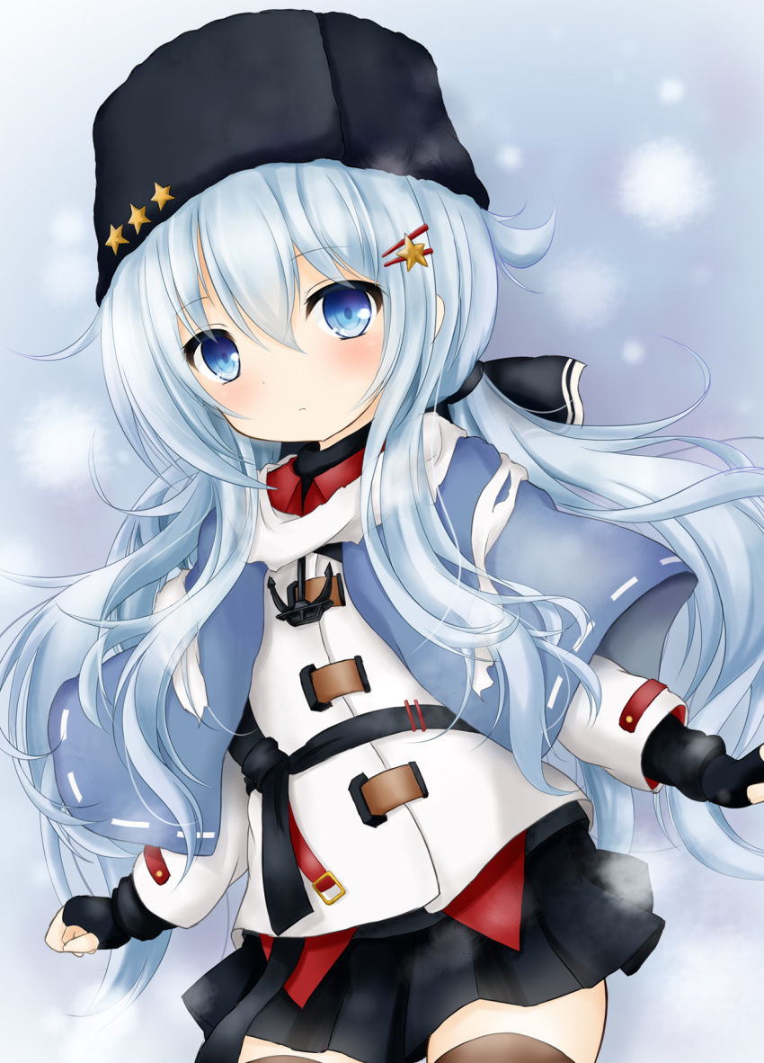 anchor_necklace artist_request black_skirt blue_eyes boots cosplay fingerless_gloves gloves hair_ornament hibiki_(kantai_collection) highres kantai_collection papakha sidelocks skirt star star_hair_ornament tashkent_(kantai_collection) tashkent_(kantai_collection)_(cosplay) thigh_boots thighhighs twintails verniy_(kantai_collection) white_hair zettai_ryouiki