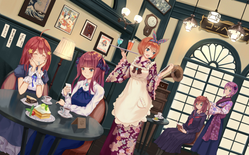 5girls ahoge alternate_costume apron arm_rest black_legwear blue_dress blue_eyes blue_sailor_collar blue_serafuku book brooch cake ceiling_light chair chest_of_drawers clock commentary_request cowboy_shot cup door dress dutch_angle enmaided eyes_closed feet_out_of_frame floor_lamp floral_print flower food go-toubun_no_hanayome hair_flower hair_ornament hair_ribbon hairclip hairdressing hakama_skirt hands_on_own_cheeks hands_on_own_face highres holding holding_tray japanese_clothes jewelry kimono long_hair long_sleeves looking_down looking_to_the_side maid mouth_hold multiple_girls nakano_ichika nakano_itsuki nakano_miku nakano_nino nakano_yotsuba neckerchief notepad open_book orange_hair pantyhose phonograph picture_frame plate purple_hair purple_kimono reading red_hair red_neckwear ribbon sailor_collar saucer school_uniform sconce serafuku shirt short_hair siblings sisters sitting slice_of_cake smile spoon_in_mouth star star_hair_ornament table teacup tray very_long_hair wa_maid white_shirt wrist_cuffs yuzuriha