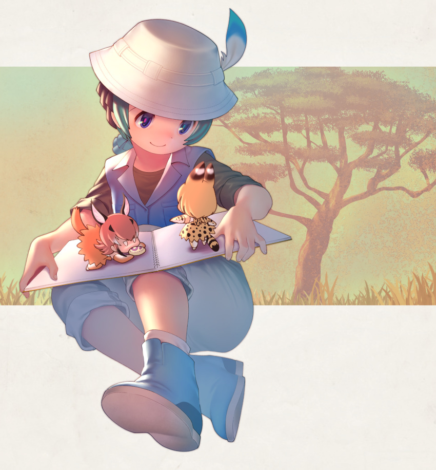 3girls animal_ears black_hair blonde_hair blue_eyes blue_hair blush book boots bucket_hat caracal_(kemono_friends) caracal_ears caracal_tail chibi commentary_request eating elbow_gloves feathers food gloves green_hair hat high-waist_skirt highres japari_bun kemono_friends kyururu_(kemono_friends) light_brown_hair long_hair multicolored_hair multiple_girls ponytail serval_(kemono_friends) serval_ears serval_print serval_tail shirt short_hair short_sleeves shorts skirt socks t-shirt tail user_uarr4775 vest white_hair