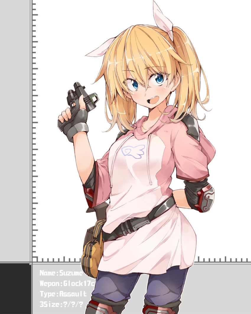 1girl arm_behind_back bag belt bibi black_belt blonde_hair blue_eyes blue_legwear blush character_name collarbone commentary_request denim elbow_pads english_text eyebrows_visible_through_hair fingerless_gloves glock_17 gloves gun hair_between_eyes hair_ornament hairband highres holding holding_gun holding_weapon hood hoodie jeans medium_hair original pants simple_background solo twintails upper_teeth weapon yellow_bag