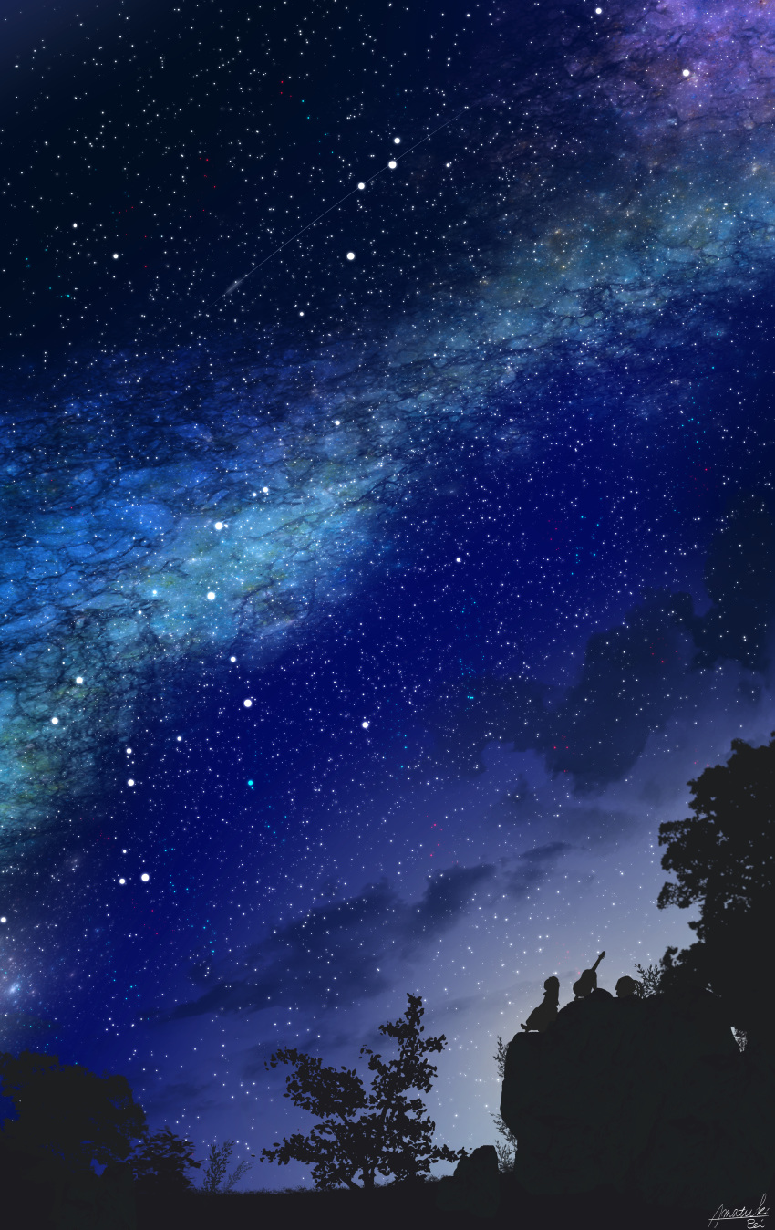 2girls absurdres amatsuki_rei fantasy highres huge_filesize multiple_girls night night_sky original outdoors scenery silhouette sitting sky star_(sky) starry_sky